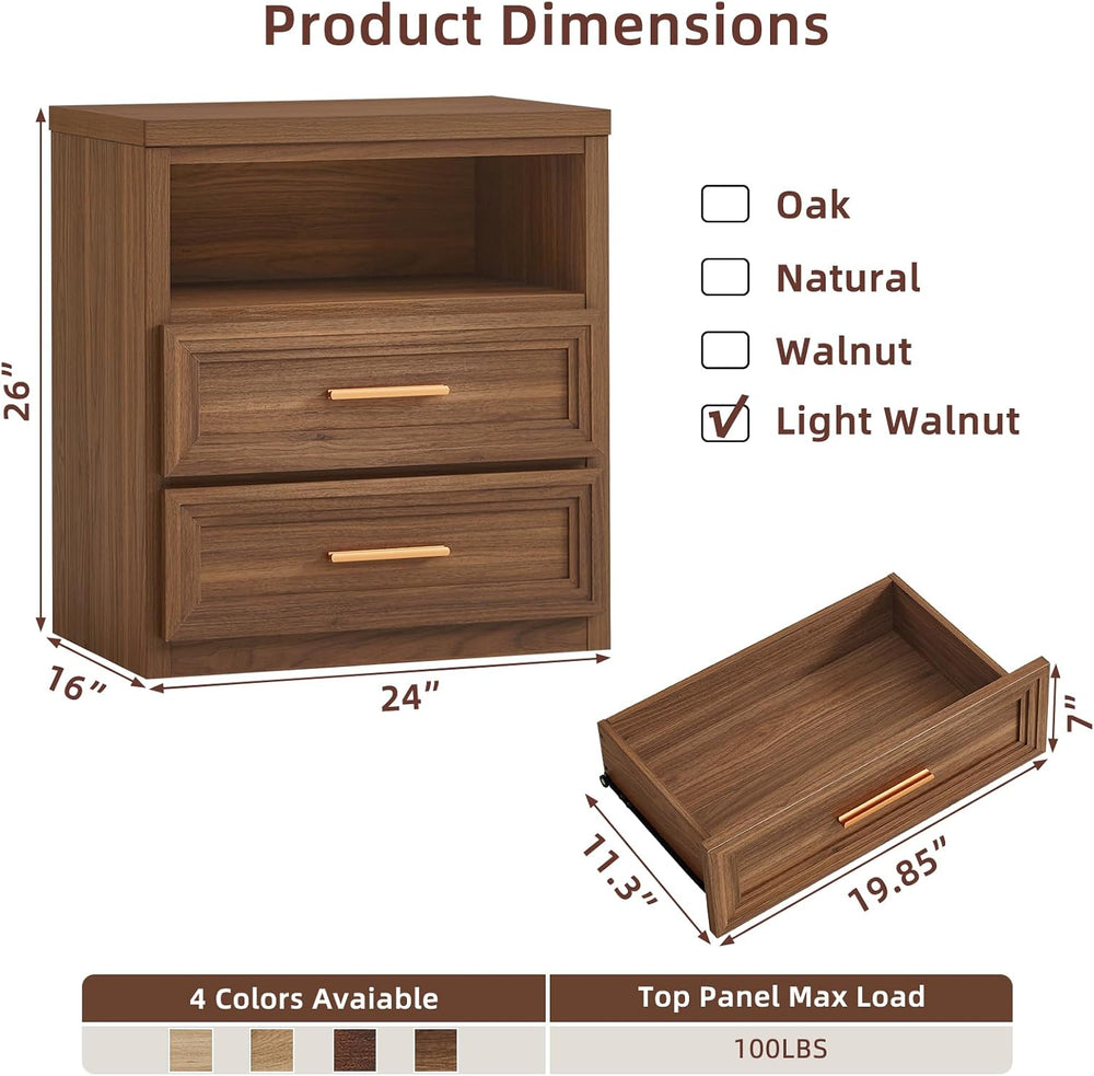 RWYHG 24'' Wide Farmhouse Night Stand with 2 Drawers,Wood Nightstand