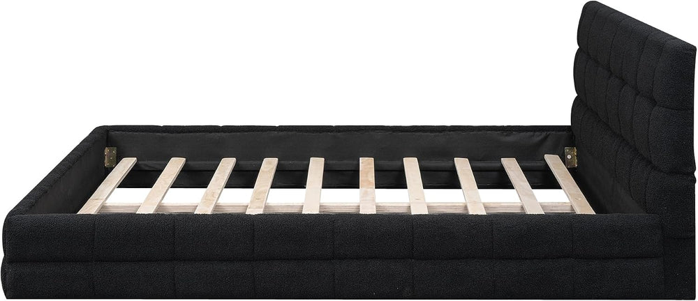 SOFTSEA Queen Size Upholstered Platform Bed, Fleece Floor Bed with Tufted Hea...