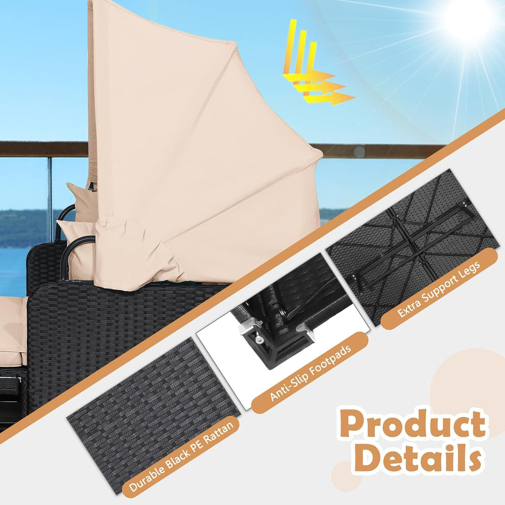 Tangkula Patio Rattan Daybed with Retractable Canopy, Outdoor Wicker Sunbed L...