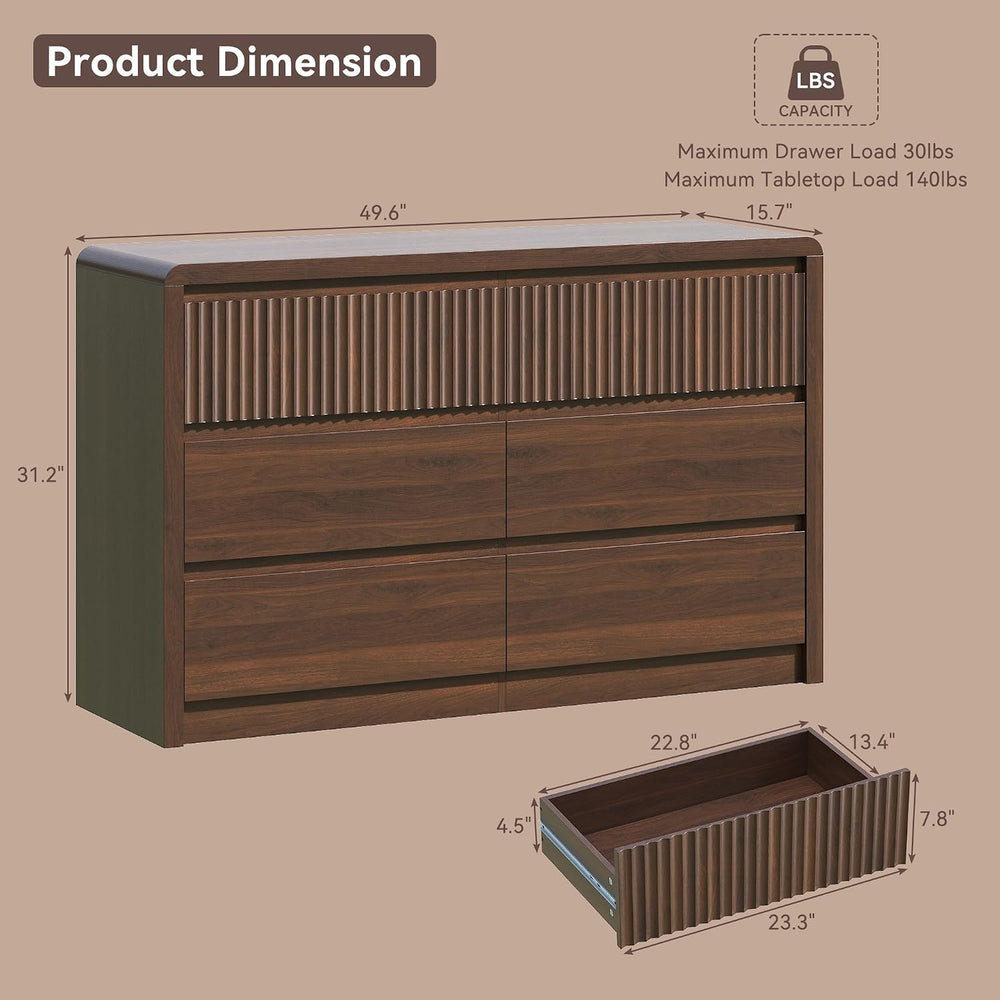 Fluted 6 Drawer Dresser for Bedroom, 50” Wide Dresser & Chest of Drawers ...