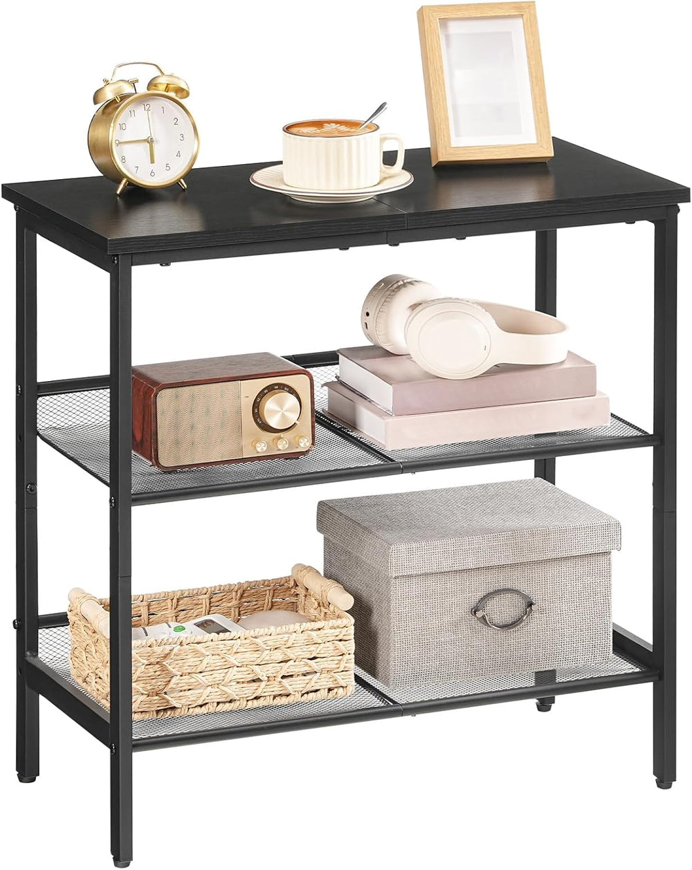 HOOBRO Black Side Table, 3-Tier Metal Side Table, Small Black Table with 2 Fl...
