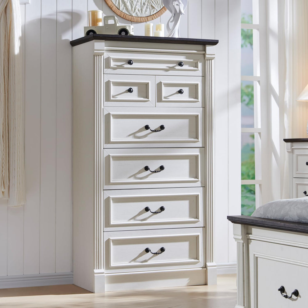 Aitjunz Farmhouse 57" Tall 7 Drawers Dresser for Bedroom, Antique White