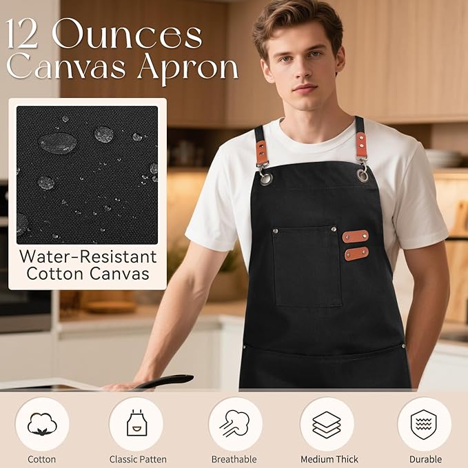 Chef Aprons for Men Women with Large Pockets, Cotton Canvas Water Repellent - Image 6