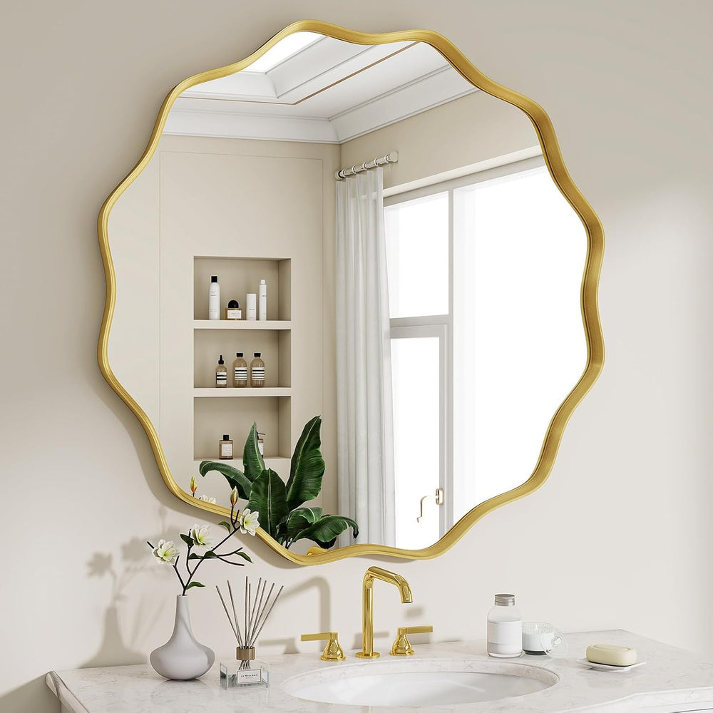 Wavy Round Mirror, 20" Scalloped Metal Frame Gold Circle Mirror