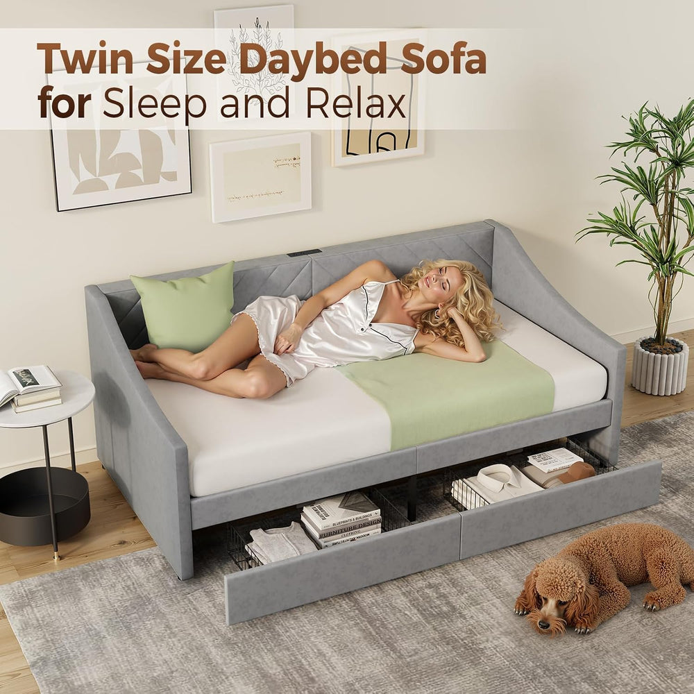 Twin Size Daybed with 2 Storage Drawers, Upholstered Daybed Frame with Chargi...