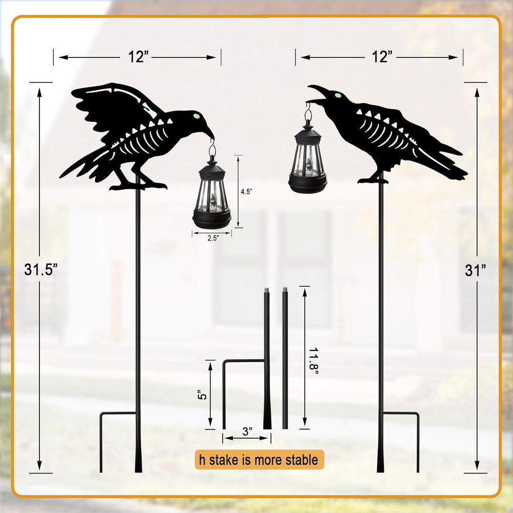 Solar Halloween Decorations Outdoor,2 Pack Metal Black Crow Yard Sign Stake