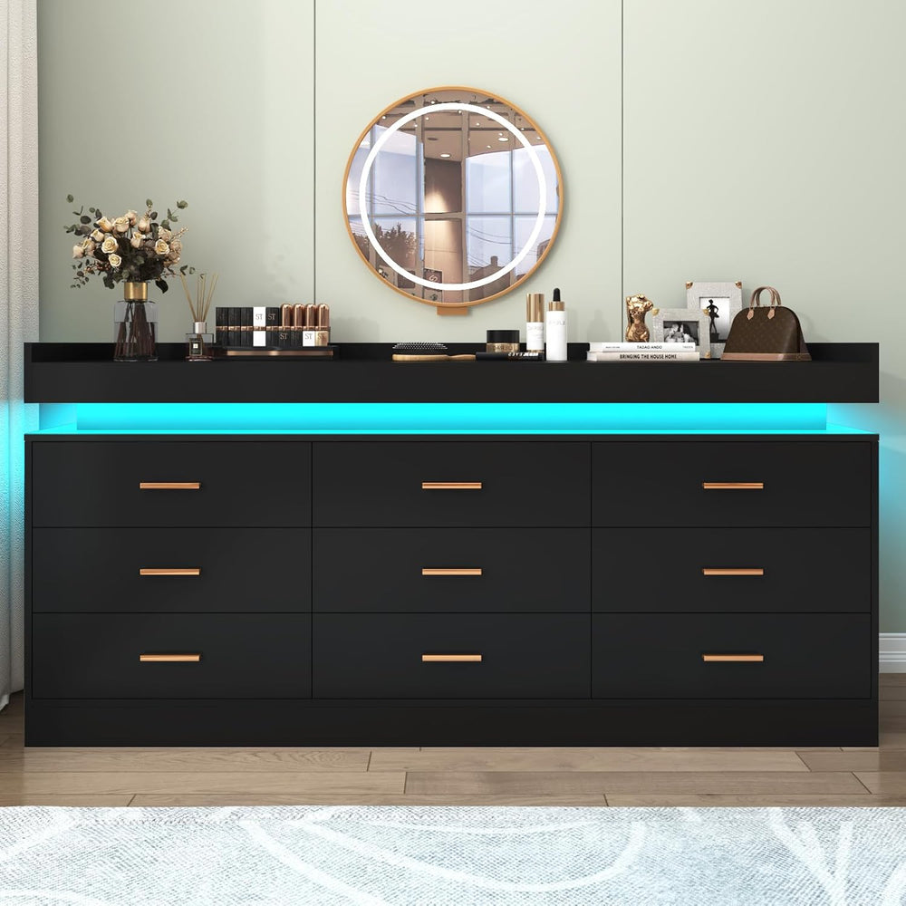 9 Drawer Dresser with LED Light and Charging Station, Modern Chest of Drawers...
