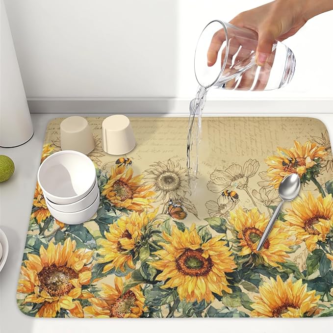 Sunflower Dish Drying Mat for Kitchen Counter Vintage Yellow Sunflowers - Image 6