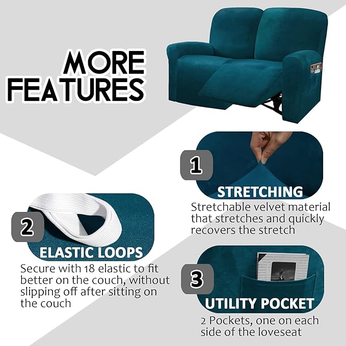 ULTICOR Reclining Love Seat Slipcover, 6-Piece Velvet Stretch Loveseat - Image 4