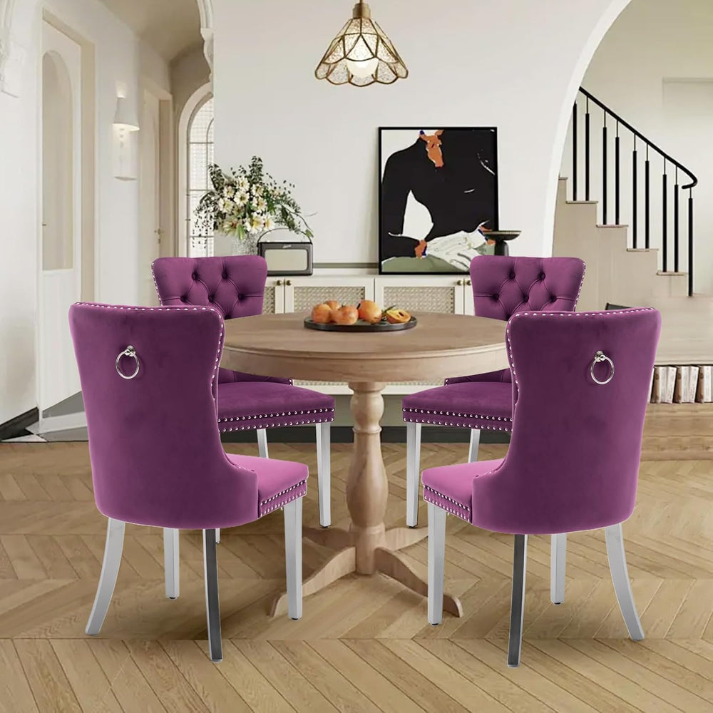 Velvet Upholstered Dining Chairs Set of 4, Modern Kitchen Side Chairs with Na...