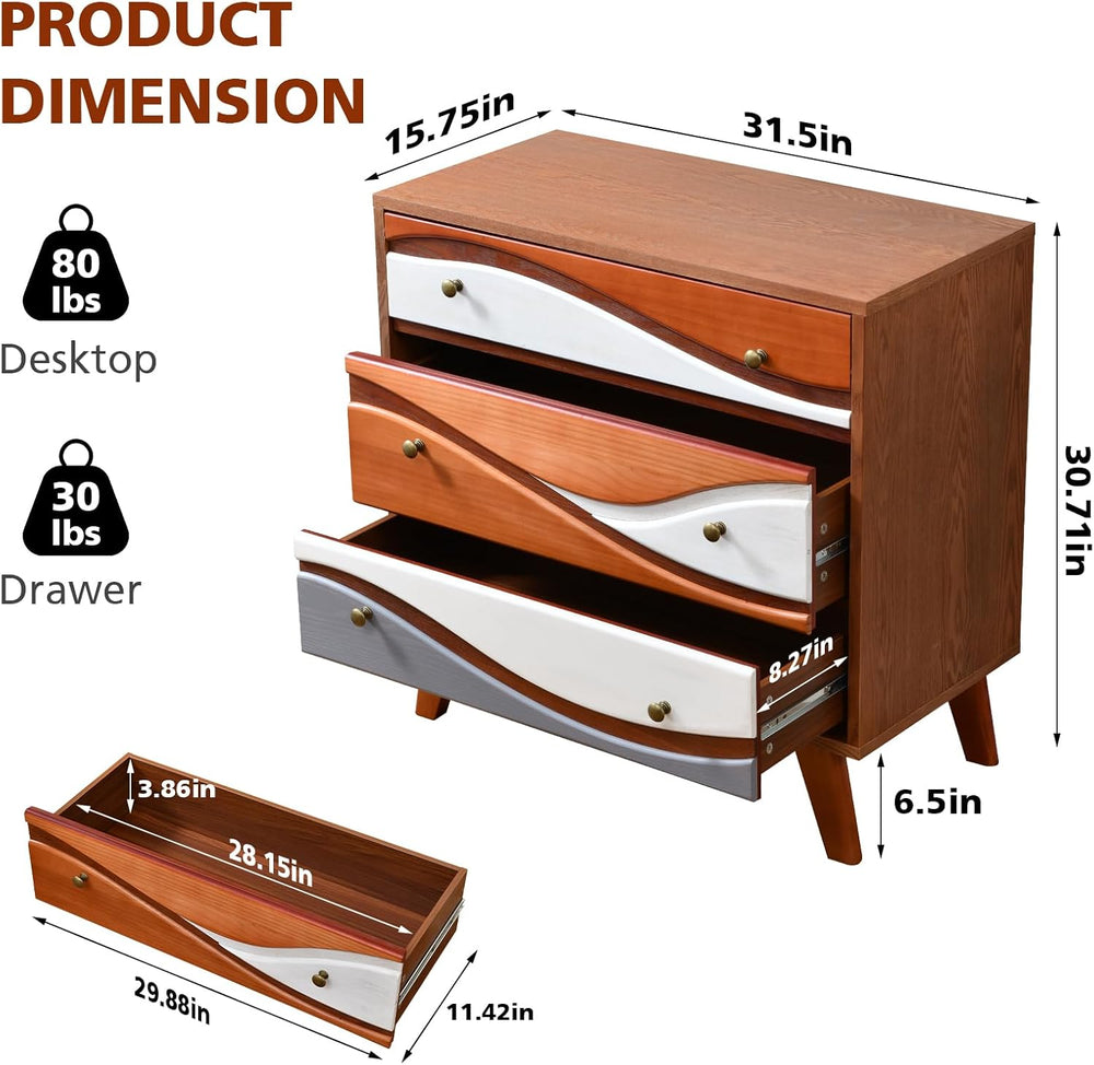 3-Drawer Dresser with Sculpted Wave Fronts, Tri-Color Drawer Design, Modern C...