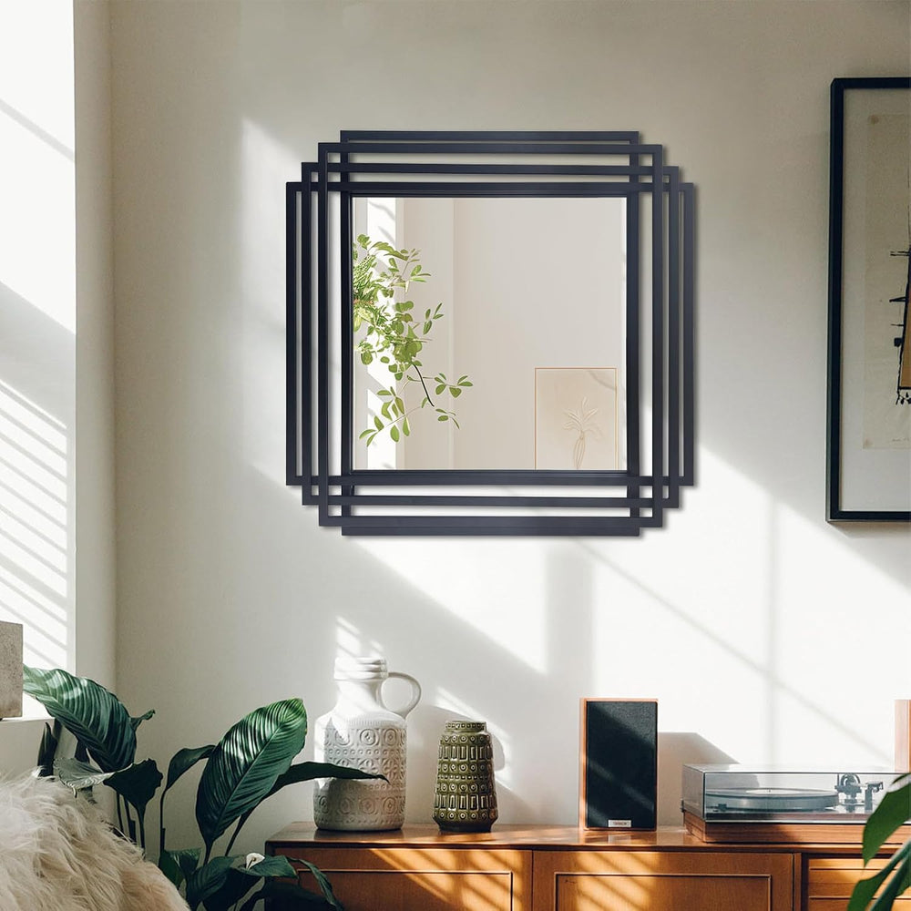24"x24" Square Decorative Wall Mirror with Black Geometric Frame