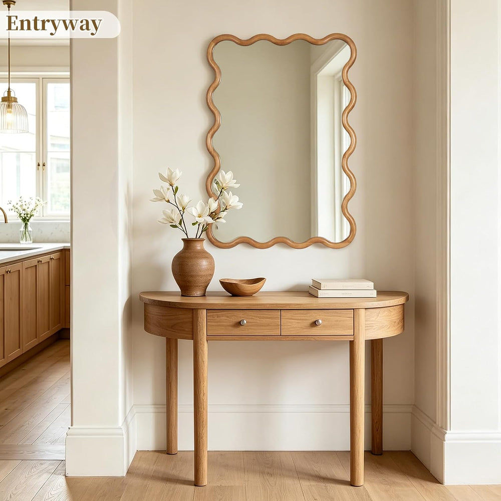 28"x40" Wavy Wood Mirror, Rectangular Wall Mirror with Natural Wood...