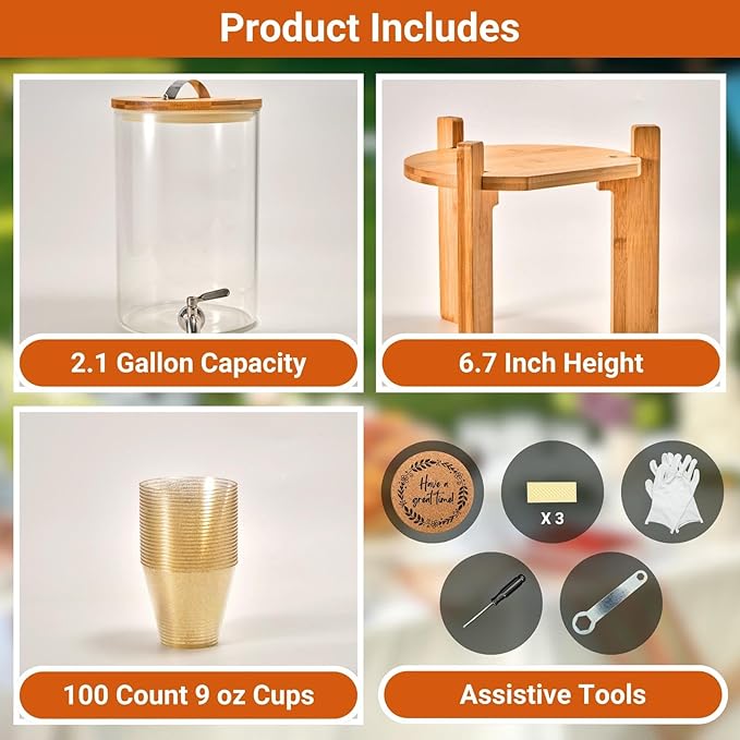 Glass Beverage Dispenser with Bamboo Stand and Lid, Iced 2.1 Gallon Drink - Image 6