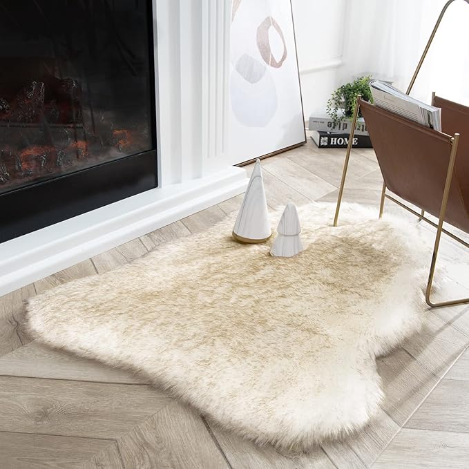 Ashler Ultra Soft Faux Fox Fur Rug White Brown Fluffy Area Rug, Carpets Fluffy by AshlerHomeDeco