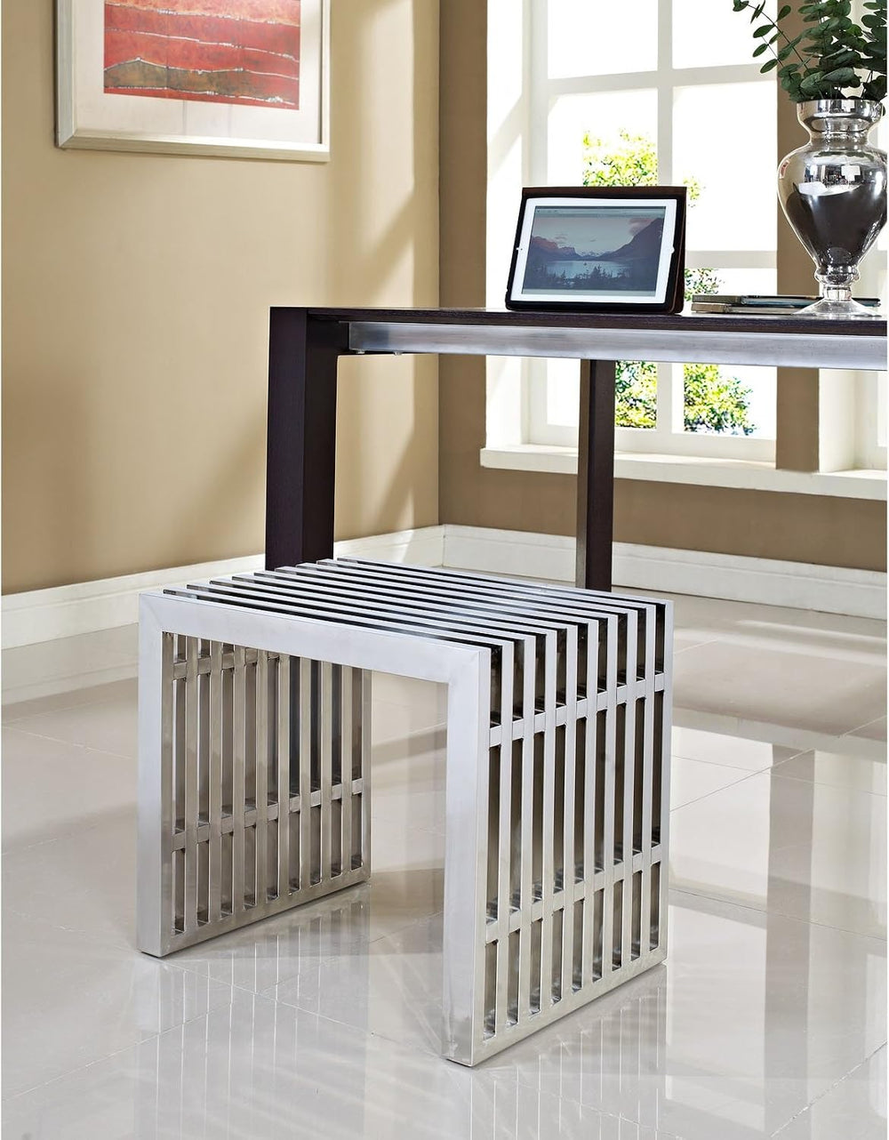 Modway Gridiron Contemporary Modern Small Stainless Steel Bench, 19.5"