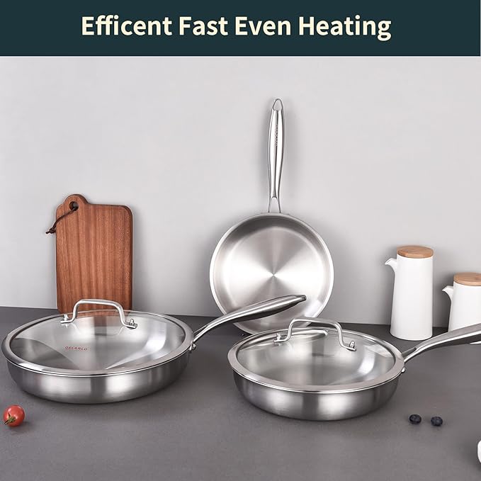 DELARLO Tri-ply Stainless Steel Frying Pan Set 8" 10" 12" - Image 8