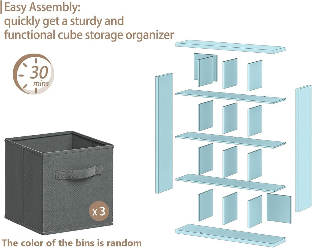 furtble Bookshelf with Storage Bins, 16-Cube Storage Organizer with Back Pane...