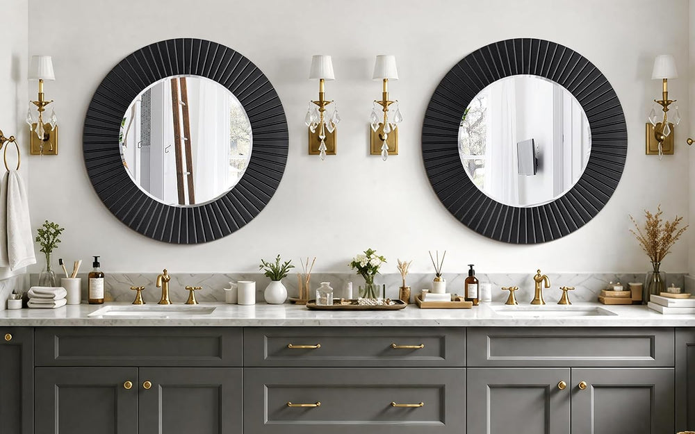 Chende 30'' Black Round Wall Mirror for Bathroom with Fluted Wood Frame