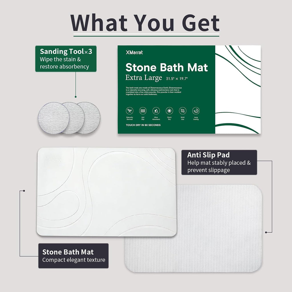 Extra Large Stone Bath Mat, Diatomaceous Earth Mat, 31.5"x19.7" | Super Absorbent, Modern Quick Drying Diatomite Bathmats, Non-Slip Base, Easy Clean for Shower Floor & Bathroom (White)
