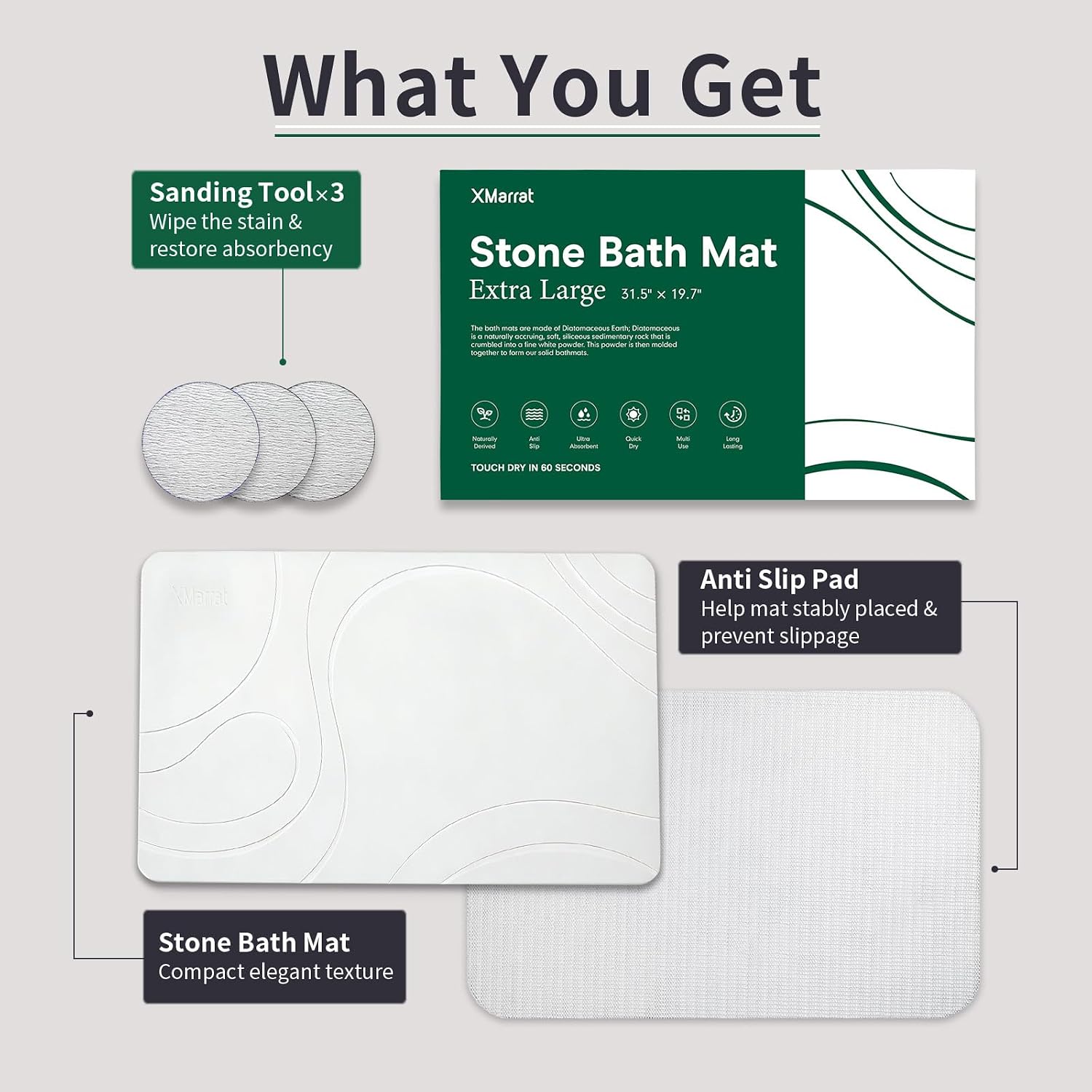 Extra Large Stone Bath Mat, Diatomaceous Earth Mat, 31.5"x19.7" | Super Absorbent, Modern Quick Drying Diatomite Bathmats, Non-Slip Base, Easy Clean for Shower Floor & Bathroom (White)
