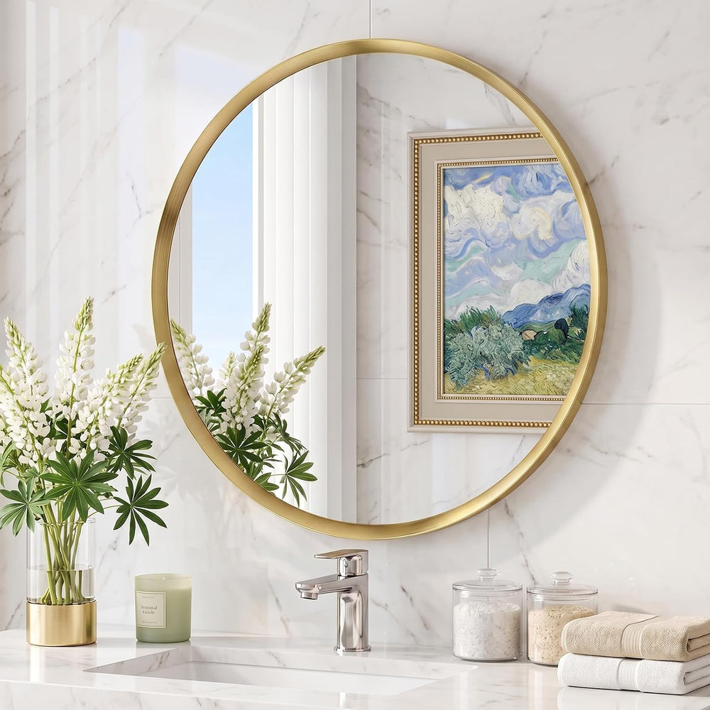 26 inch Brushed Gold Round Bathroom Mirror,Circle Mirror