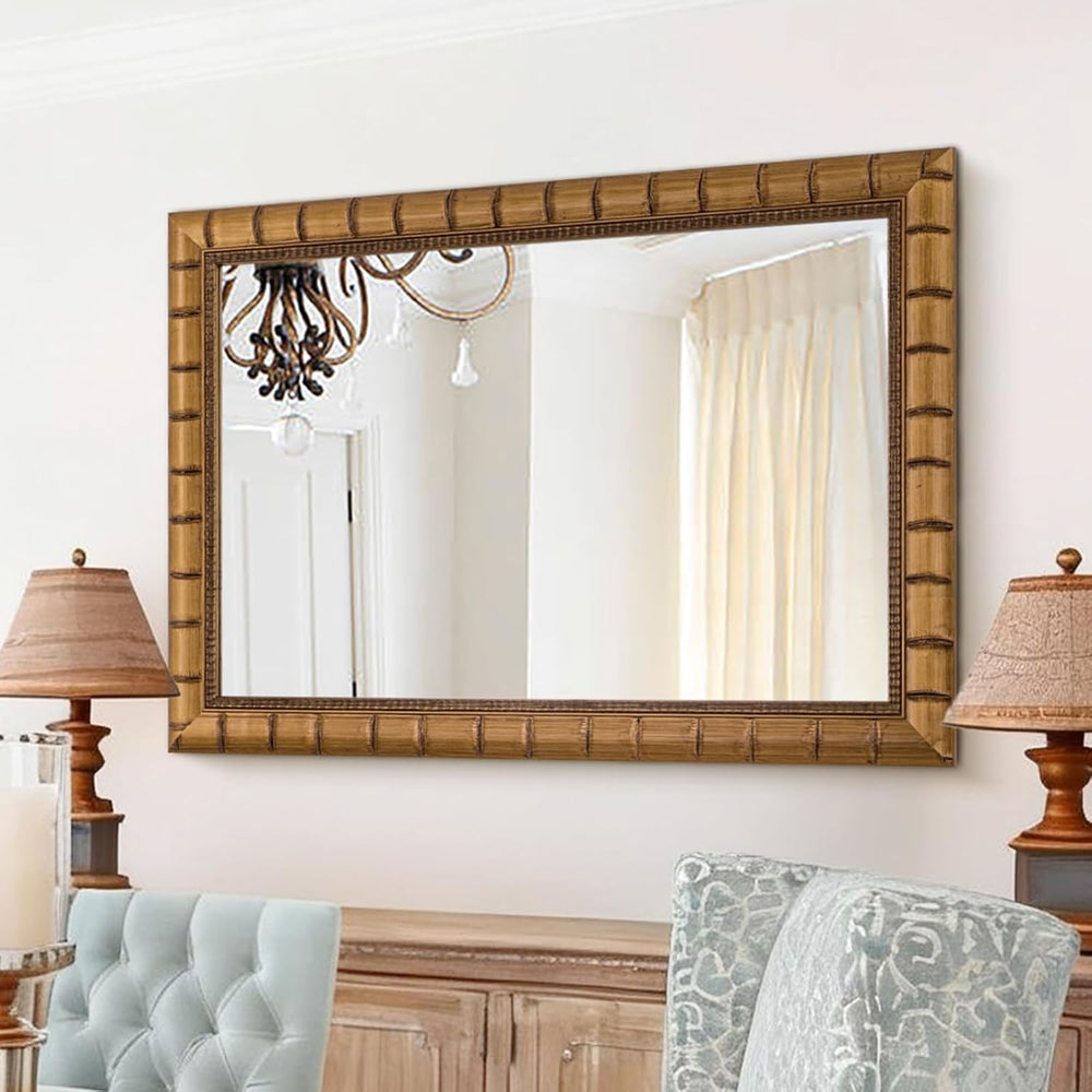 Vintage Warm Gold Mirror, 39'' x 27'' Solid Wood Mirror Frame...