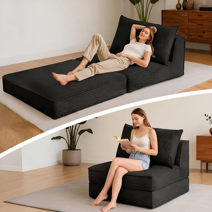 Folding Sofa Bed, Convertible Sleeper Chair with Pillow,Corduroy Comfy Floor Futon for Living Room Bedroom,Modern Accent Reading Chair,No Assembly Required,Black
