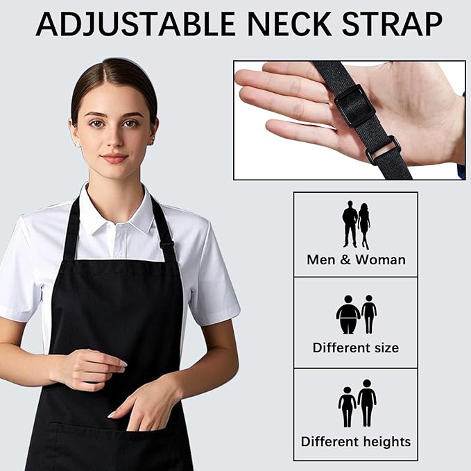 Bib Apron - Unisex Black Aprons 2 Pockets Cooking Kitchen Apron - Image 6