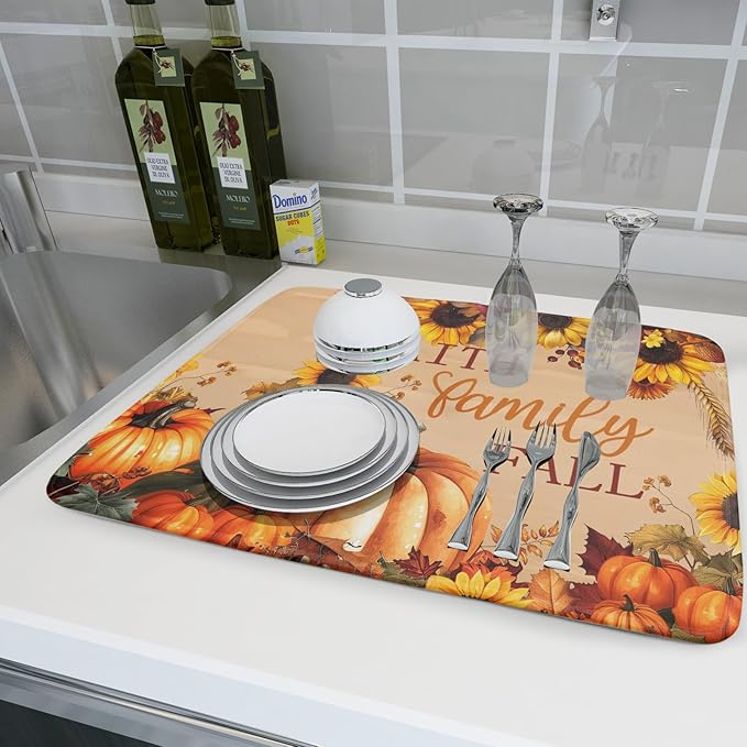 Fall Pumpkin Sunflower Dish Drying Mat 18”x24” Faith Family Fall Drying Mat - Image 6