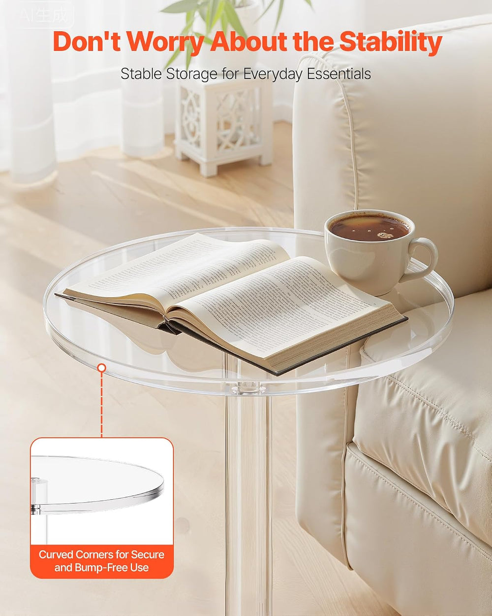 VEVOR Acrylic Drink Table, Small Round Side Table with Solid Post, Modern Cle...