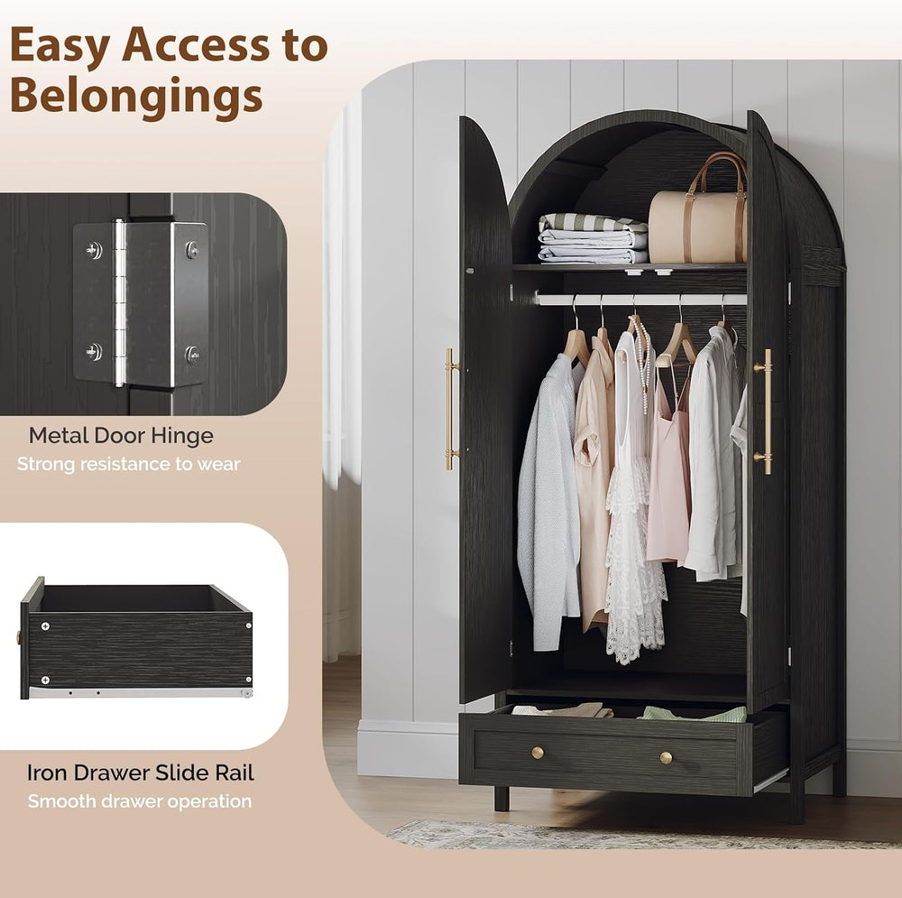 VINGLI Arched Wardrobe Closet Armoire with Doors and Drawer, Bedroom Armoires...