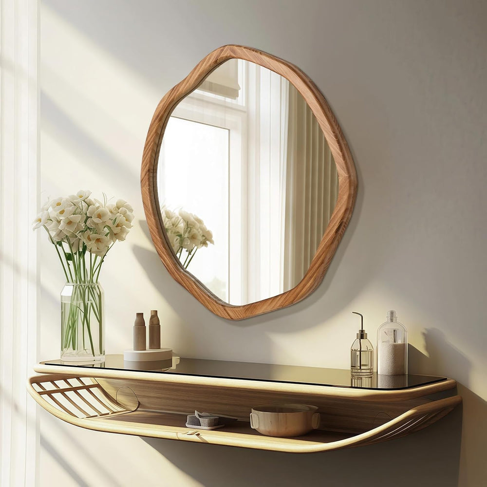 ULIKE Irregular Round Wood Mirror 30 Inch, Rustic Brown Wall Mirror