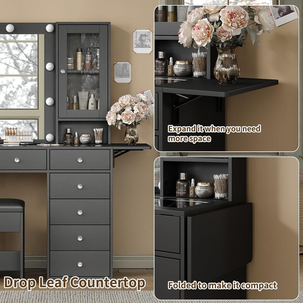 Yanosaku 55''W Makeup Vanity Desk with Mirror and Lights, 12 Drawers,...