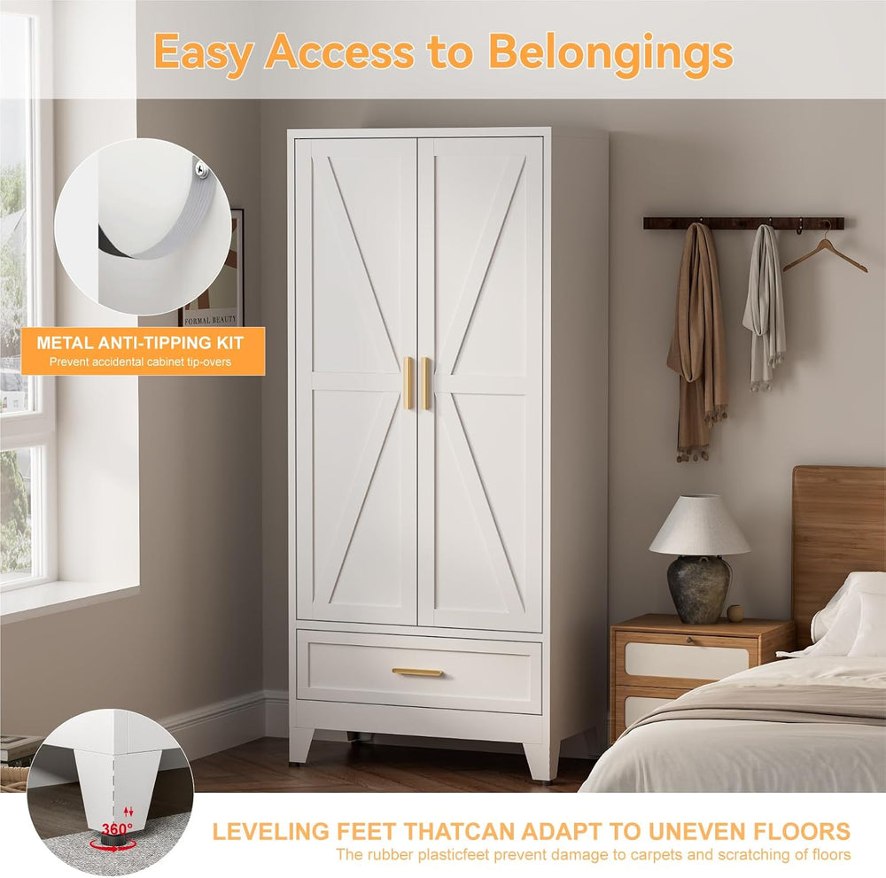 COFaR 71 Farmhouse Metal Wardrobe Closet with Hanging Rod, 2 Barn Doors, Adju...