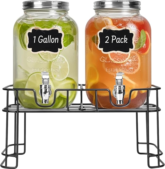 DHSBTLS 1 Gallon Glass Drink Dispensers, 2 Pack Clear Beverage Dispenser by DHSBTLS