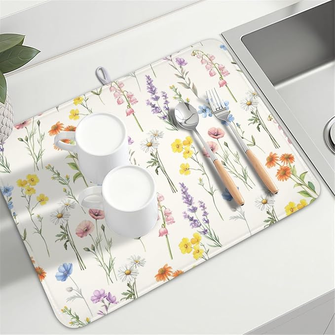 Spring Floral Dish Drying Mat for Kitchen Counter 18 x 24 Inch Colorful Flowers - Image 8