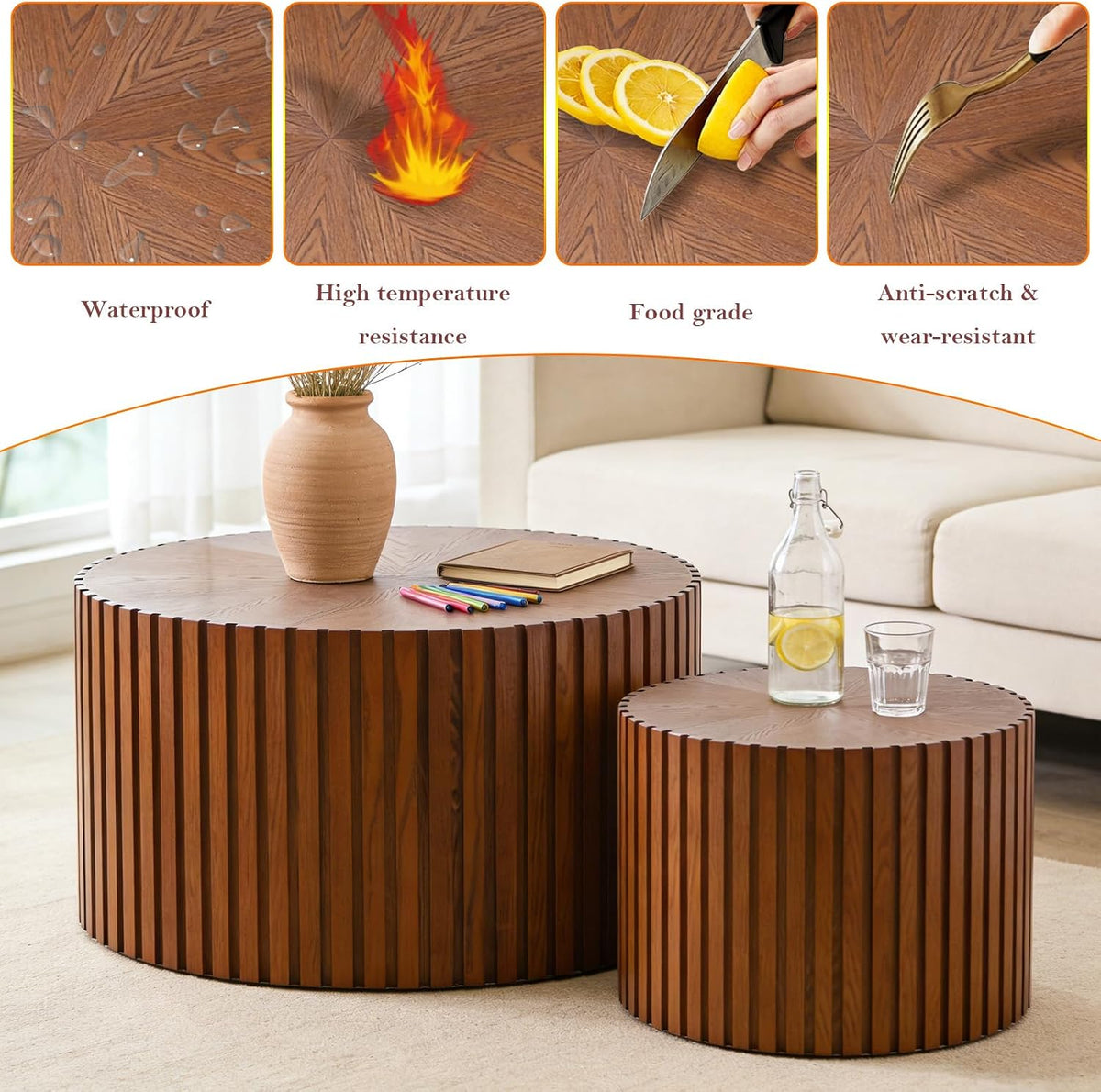 Handcraft Round Nesting Coffee Table (27.6in+19.7in) | Chic Wave Stripe Edge - Modern Stylish Walnut Wooden Circle Fluted Center Table for Living Room