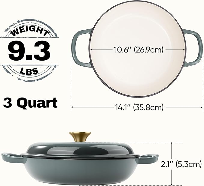 3 Quart Enameled Cast Iron Braiser, Non Stick Enameled Cast Iron Skillet