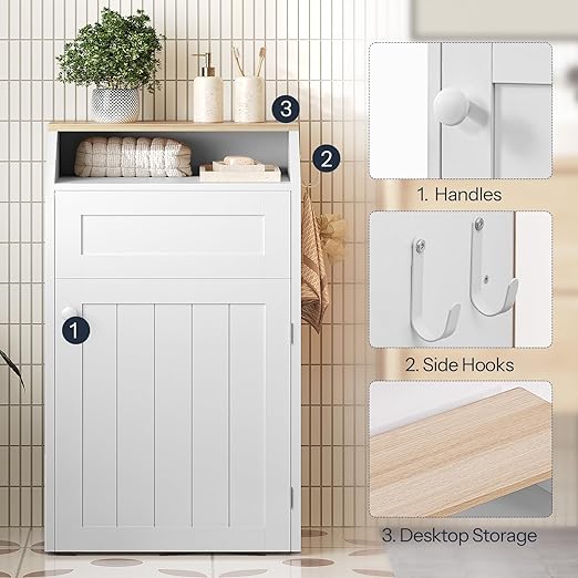YATINEY Trash Cabinet, Freestanding Trash Can Cabinet, Wooden Recycling - Image 7