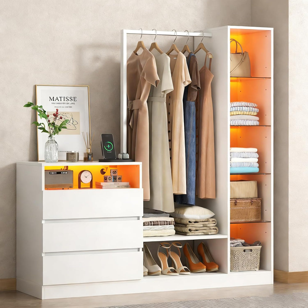 Wardrobe Dresser with Hanging Rack and Drawers, Led Wardrobe Dresser Combo