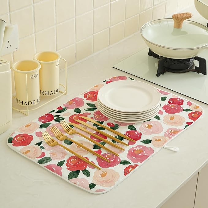 Floral Dish Drying Mat 18x24 Inch Watercolor Red Pink Flower Drying Mat Vintage - Image 4