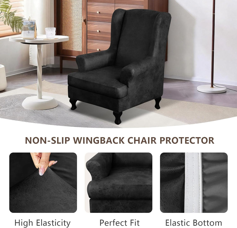 ANARACHON Leather Look Wingback Chair Covers, 2-Piece Wing Chair slipcover, S...