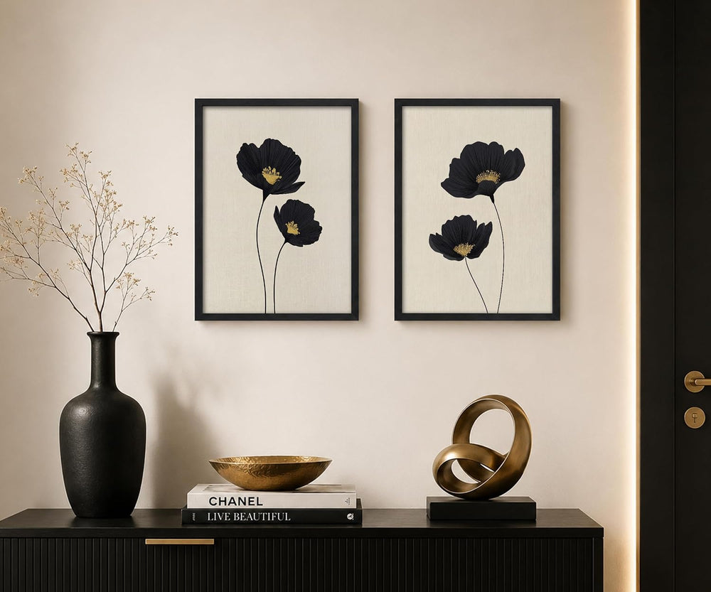 Minimalist Black Gold Flower Bathroom Wall Art Poppy Botanical Art Print