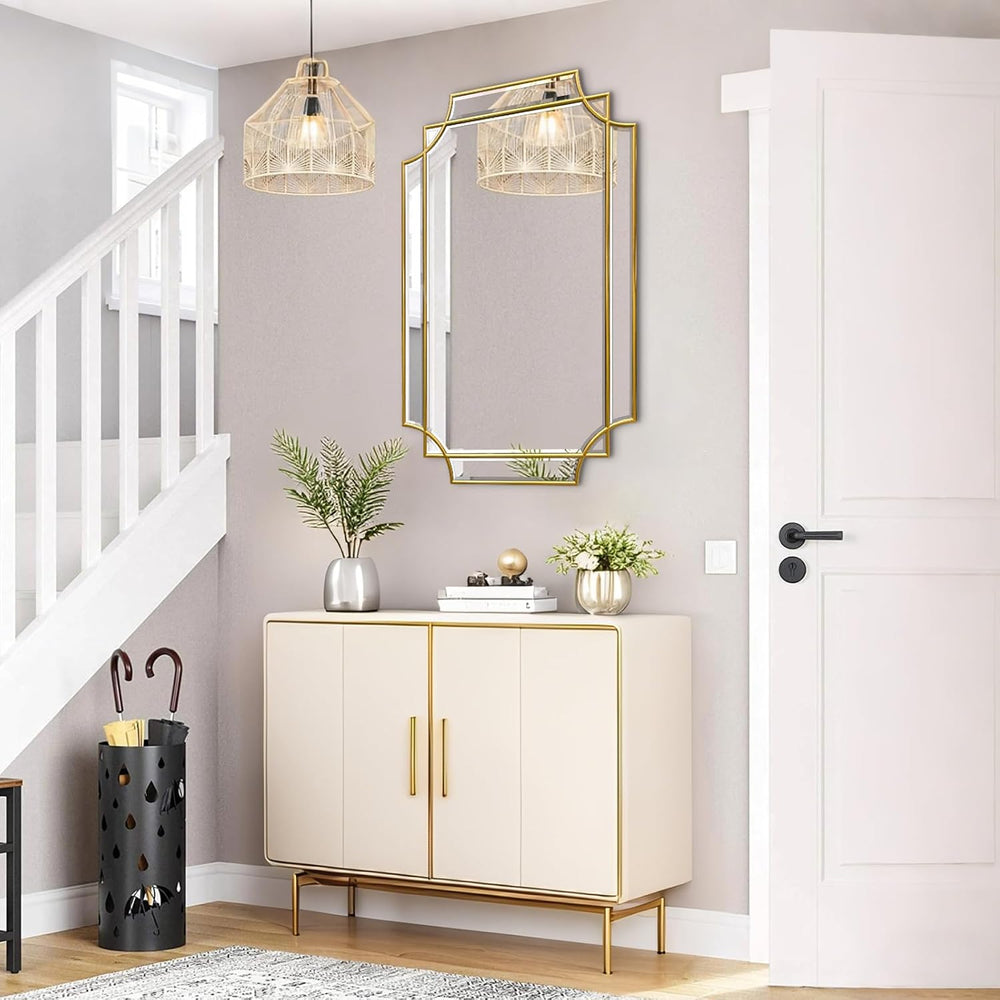 Gold Mirror for Wall, 36x24 Gold Wood Framed, Scalloped Beveled Polished Rect...