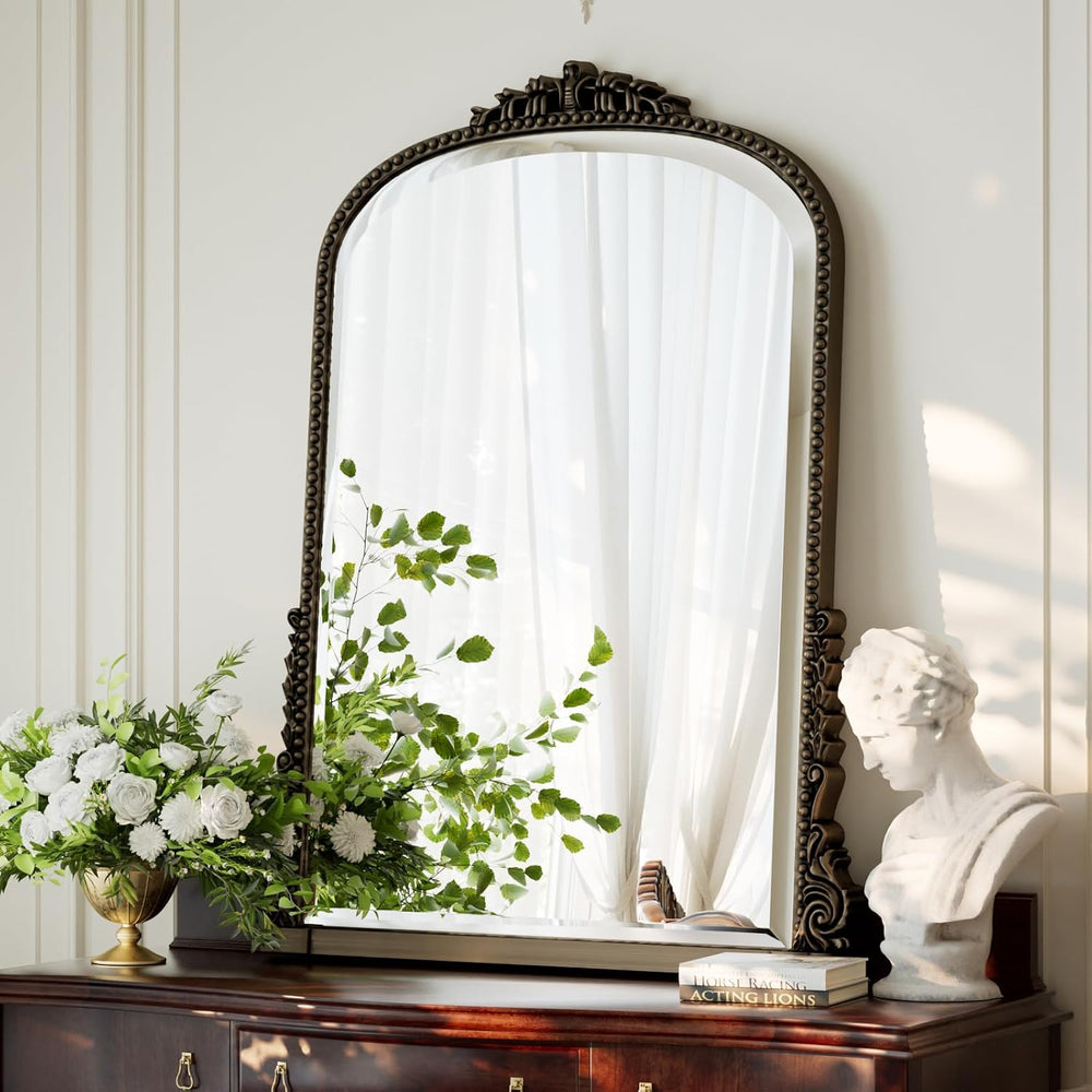 24"×32" Bronze Arched Wall Mirror with Vintage Carving