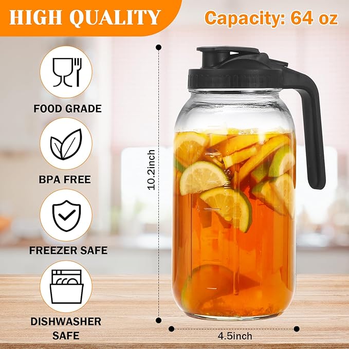 2 Pack Glass Pitchers with Lid, 64 oz Sun Tea Pitcher, Half Gallon Mason Jar - Image 2