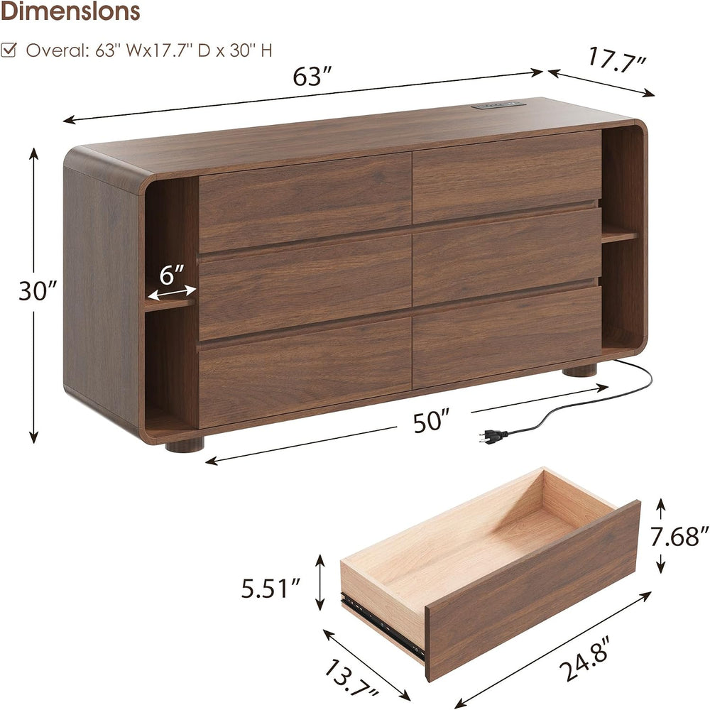 Whalefall 63 Inch 6 Drawer Dresser with Shelves, Rounded Corner, Walnut