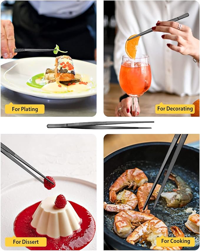 4 Pcs Fine Long Tweezer Tongs Professional Black, Sea food and BBQ - Image 5