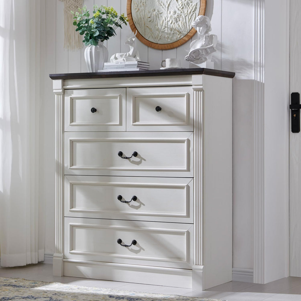 Aitjunz Farmhouse 46" Tall 5 Drawers Dresser for Bedroom, Antique White